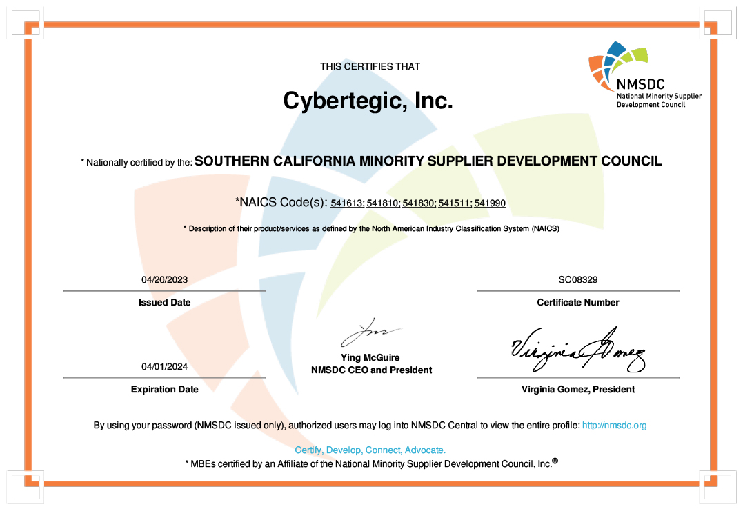 Cybertegic, Inc - certificate awarded by Southern California Minority Supplier Development Council