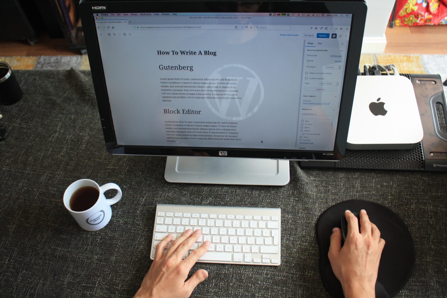 person typing on with PC monitor on WordPress blog